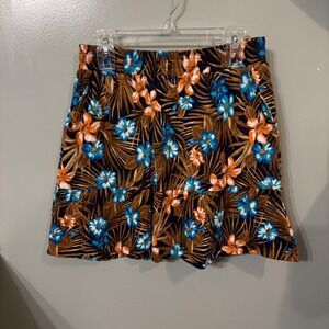 Lands' End Brown Mini Skirt with Blue & Orange Floral Print
